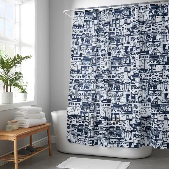 Coastal Boats Shower Curtain - Blue, Polyester