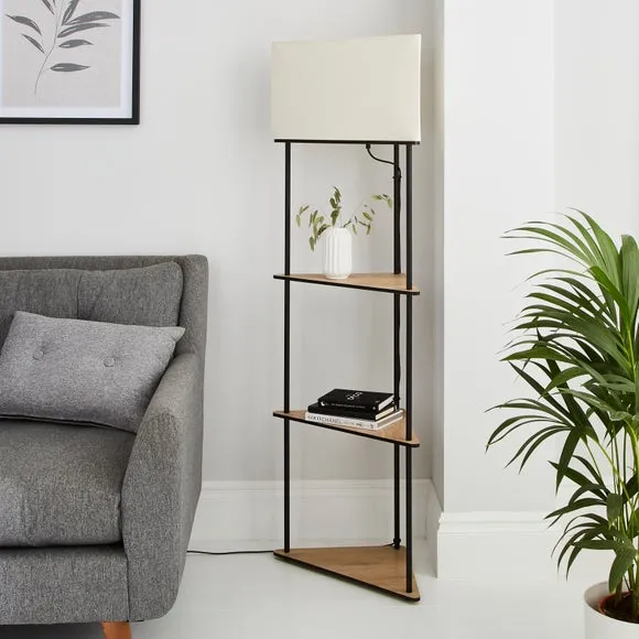 Corner Shelved Floor Lamp - Light Wood, Black
