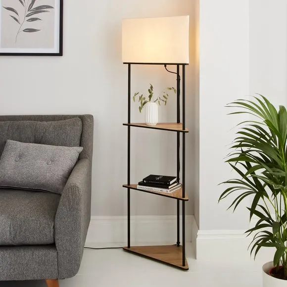 Corner Shelved Floor Lamp - Light Wood, Black image