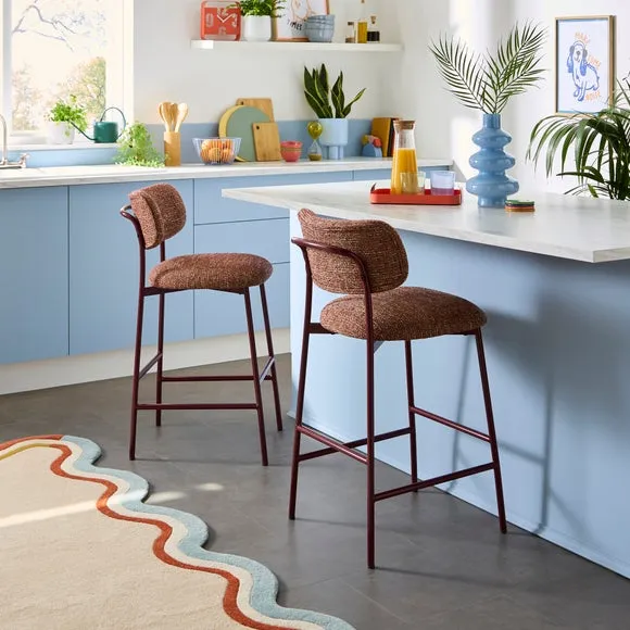 Curved Barstool with Upholstery - Burgundy, Boucle