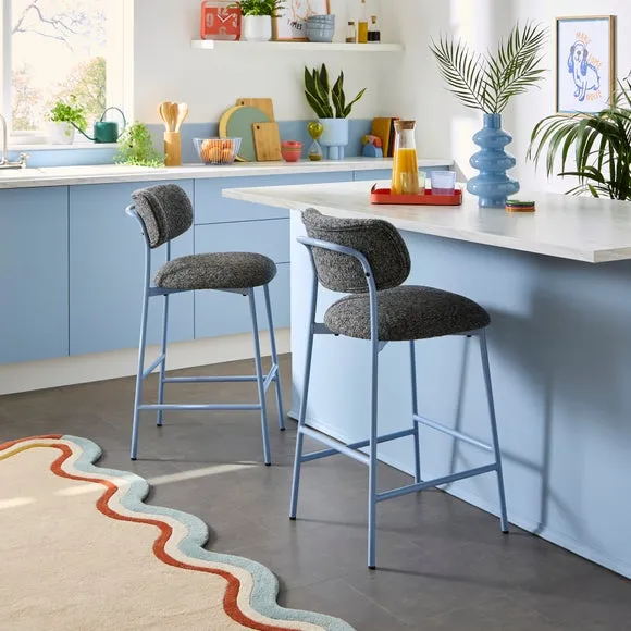 Curved Barstool with Upholstery - Cornflower, Boucle