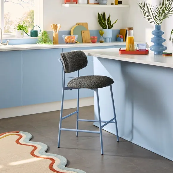 Curved Barstool with Upholstery - Cornflower, Boucle