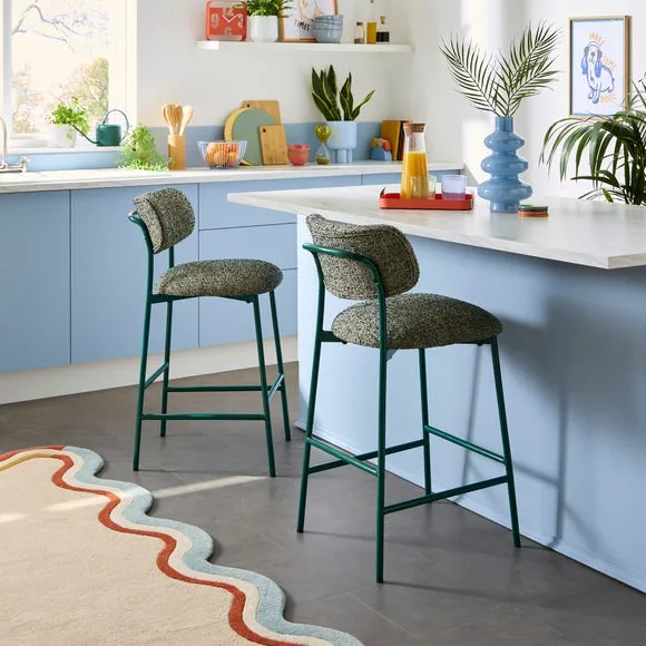 Curved Barstool with Upholstery - Emerald, Boucle