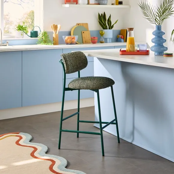 Curved Barstool with Upholstery - Emerald, Boucle