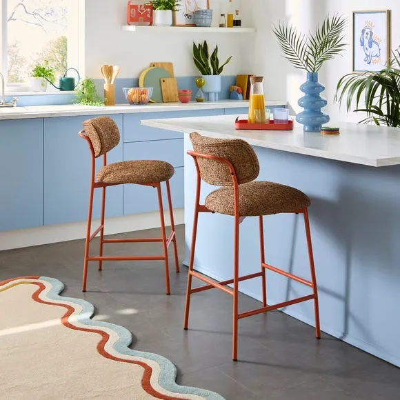 Curved Barstool with Upholstery - Orange, Boucle