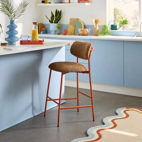 Curved Barstool with Upholstery - Orange, Boucle