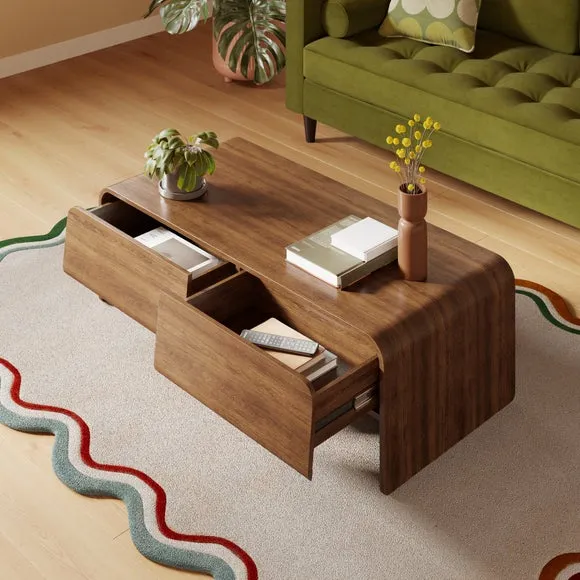 Curved Coffee Table with Drawers - Dark Wood