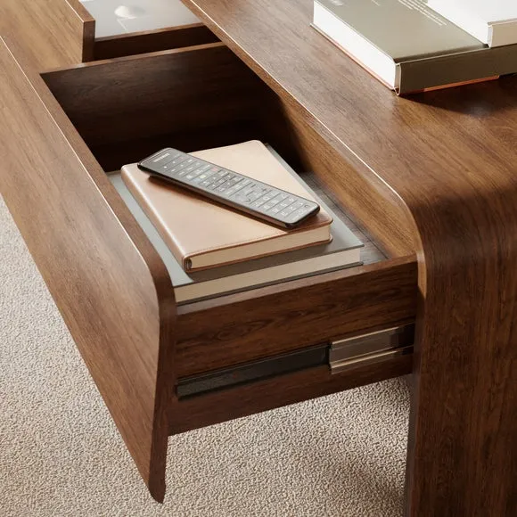 Curved Coffee Table with Drawers - Dark Wood