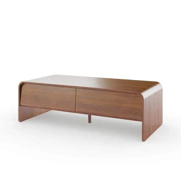 Curved Coffee Table with Drawers - Dark Wood