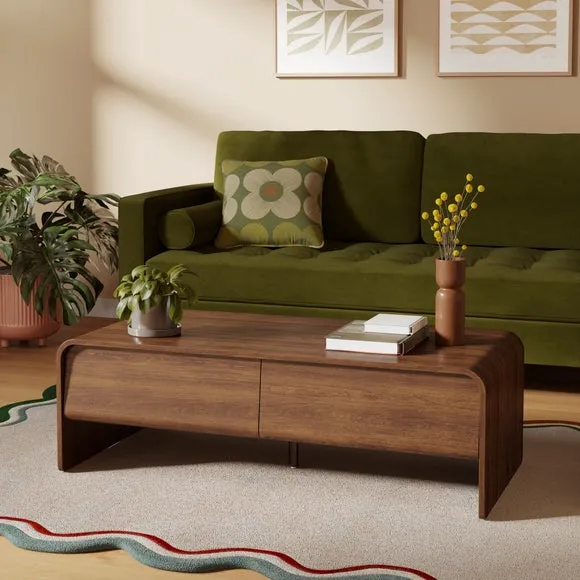 Curved Coffee Table with Drawers - Dark Wood