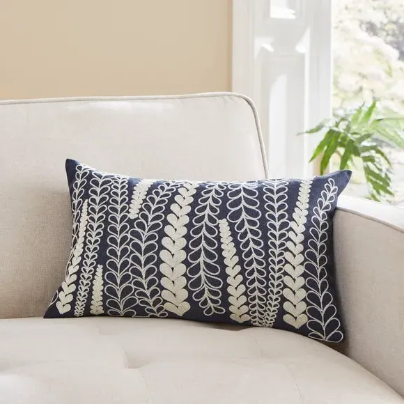 Floral Embroidered Cushion - Navy, Polyester