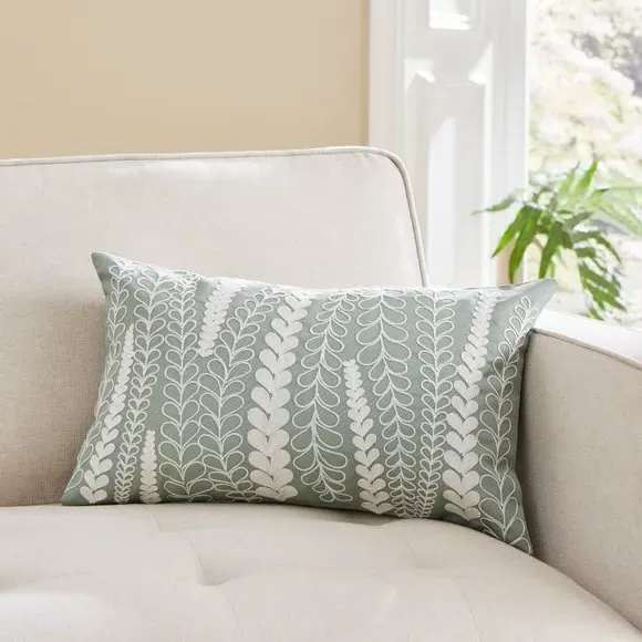 Floral Embroidered Cushion - Sage, Polyester