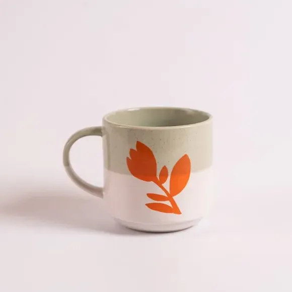 Floral Mug with Dipped Design - Green, Ceramic