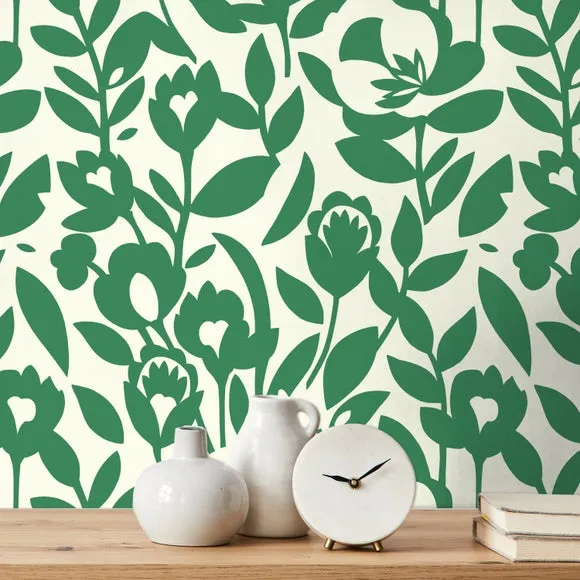Floral Wallpaper Matte Finish - Green, Paper