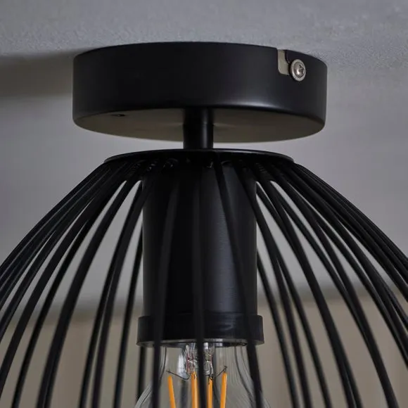 Flush Ceiling Light with Wire Shade - Black