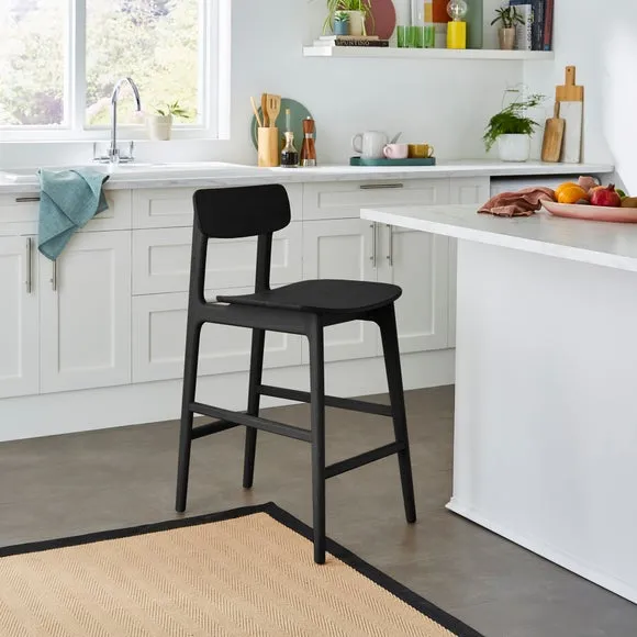 High-Back Bar Stool - Black, Solid Oak