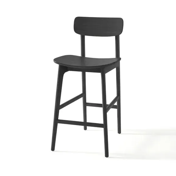 High-Back Bar Stool - Black, Solid Oak