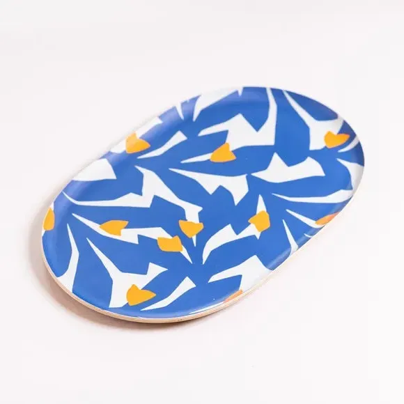 Oval Serving Tray with Print - Blue, Plywood