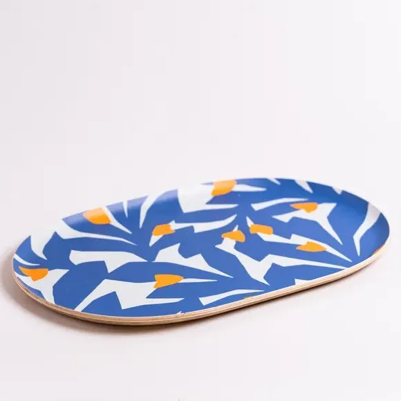 Oval Serving Tray with Print - Blue, Plywood