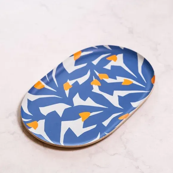 Oval Serving Tray with Print - Blue, Plywood image