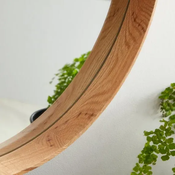 Round Wall Mirror with Frame - Light Oak