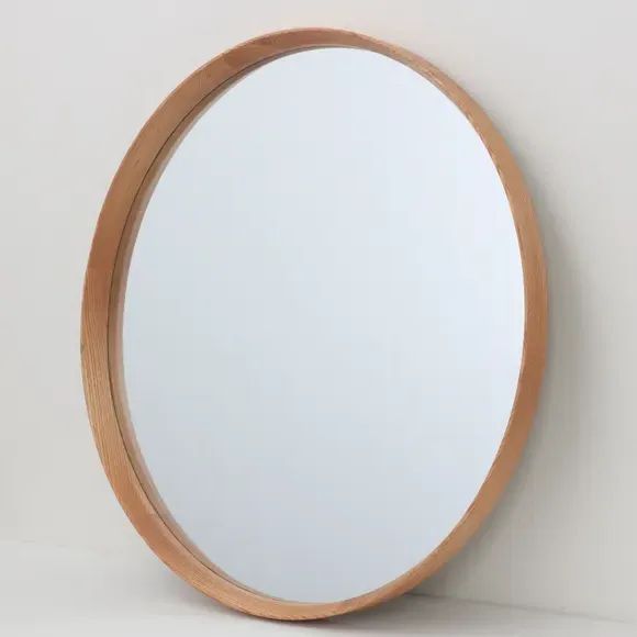 Round Wall Mirror with Frame - Light Oak