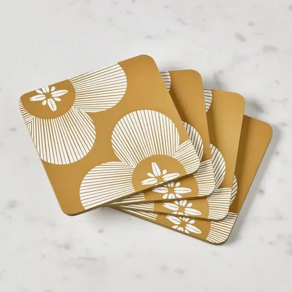 Set of 4 Coasters with Floral Design - Yellow