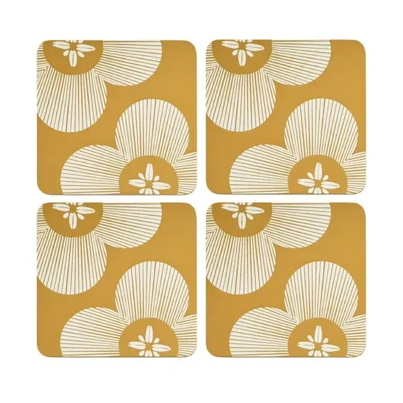 Set of 4 Coasters with Floral Design - Yellow