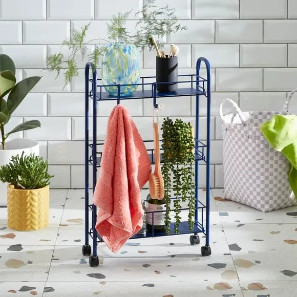 Slimline Storage Trolley with Wheels - Navy, Metal