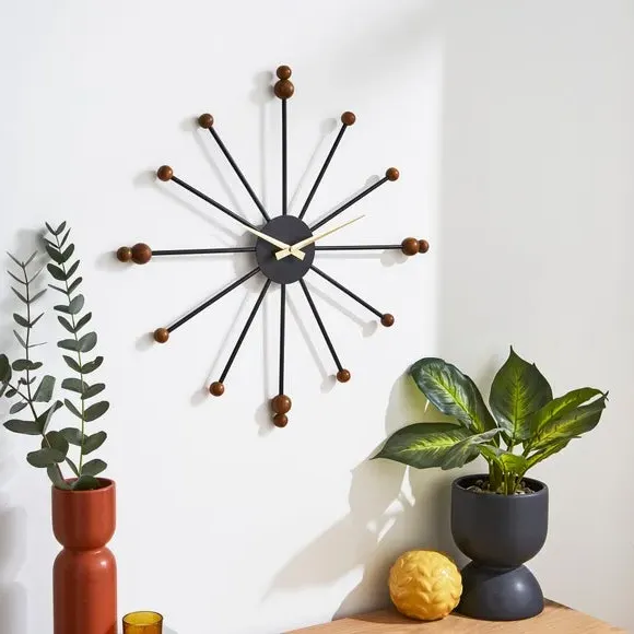 Sputnik Wall Clock Silent Movement - Black, Wood
