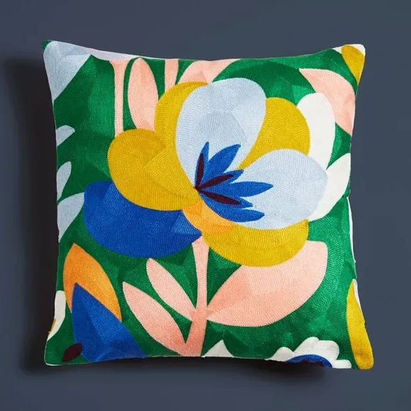 Square Cushion with Crewel Embroidery - Multicolor