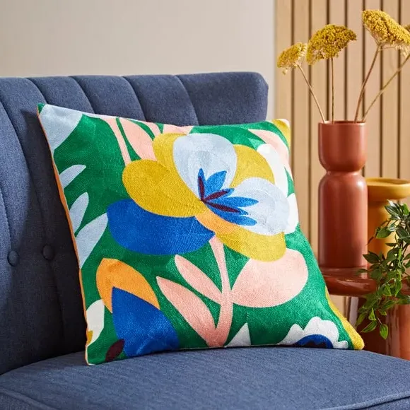 Square Cushion with Crewel Embroidery - Multicolor image