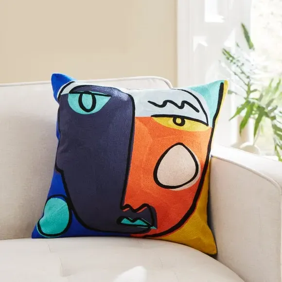 Square Cushion with Crewel Work - Navy image