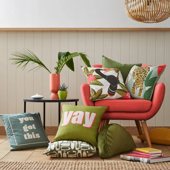 Square Cushion with Geometric Design - Olive, Cotton