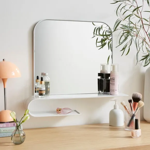 Squoval Wall Mirror with Curling Shelf - White