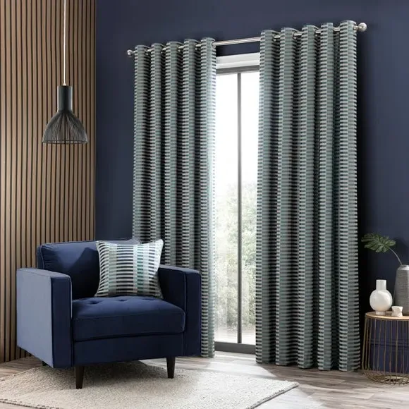 Striped Eyelet Curtains - Navy, Polyester