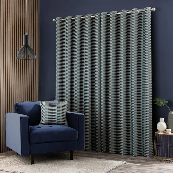 Striped Eyelet Curtains - Navy, Polyester