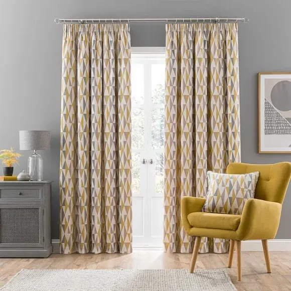 Triangle Print Pencil Pleat Curtains - Ochre
