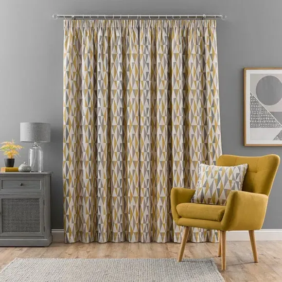 Triangle Print Pencil Pleat Curtains - Ochre