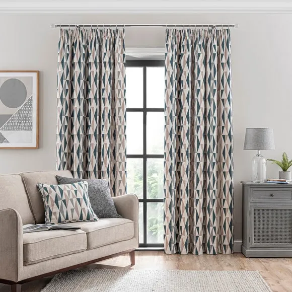 Triangle Print Pencil Pleat Curtains - Peacock