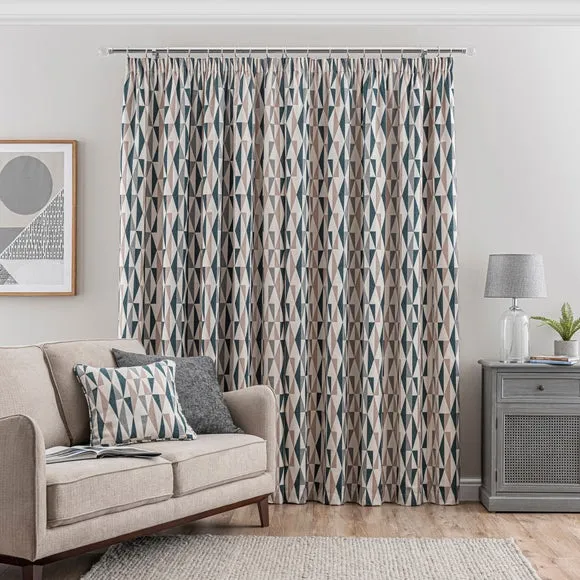 Triangle Print Pencil Pleat Curtains - Peacock