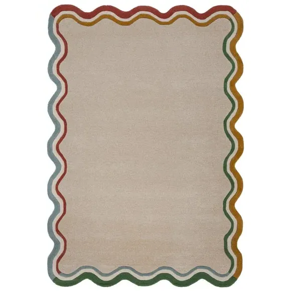Wave Border Rug with Scalloped Edge - Natural, Wool