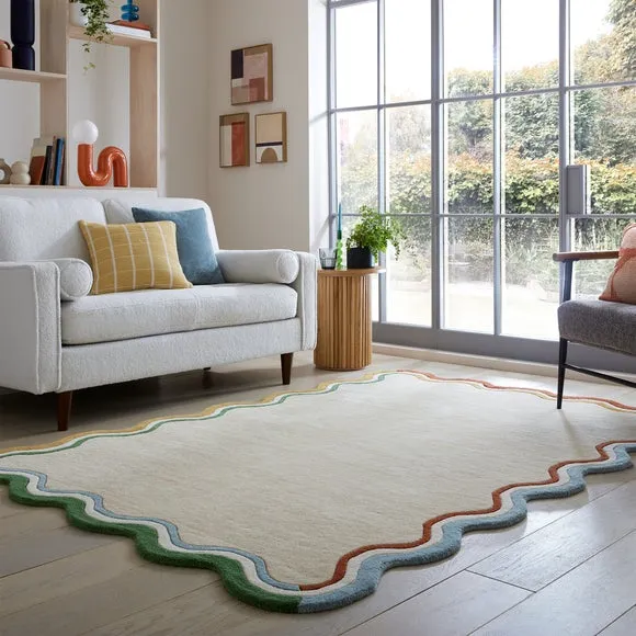 Wave Border Rug with Scalloped Edge - Natural, Wool