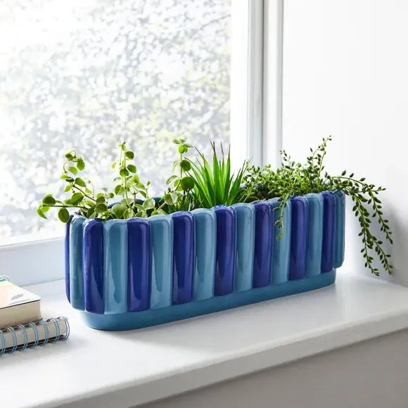 Windowsill Plant Pot with Bubble Stripe - Blue, Ceramic