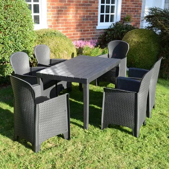 6-Seater Dining Set with Chairs - Grey, Wicker image
