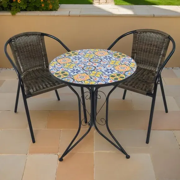 Round Bistro Set with 2 Chairs - Multicolor Tile