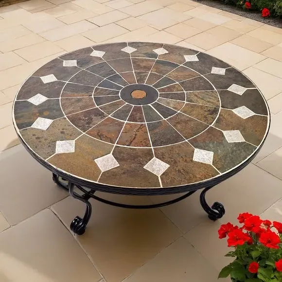 Round Coffee Table with Stone Top - Dark Brown