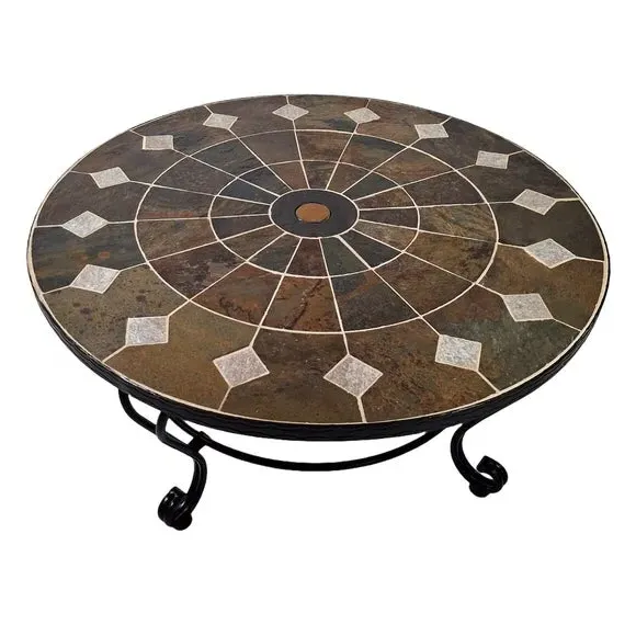 Round Coffee Table with Stone Top - Dark Brown