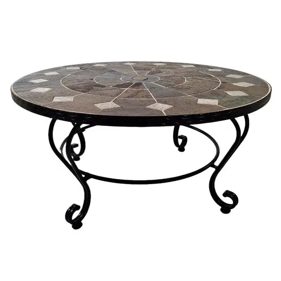 Round Coffee Table with Stone Top - Dark Brown
