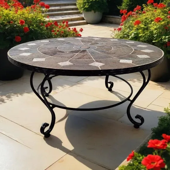 Round Coffee Table with Stone Top - Dark Brown